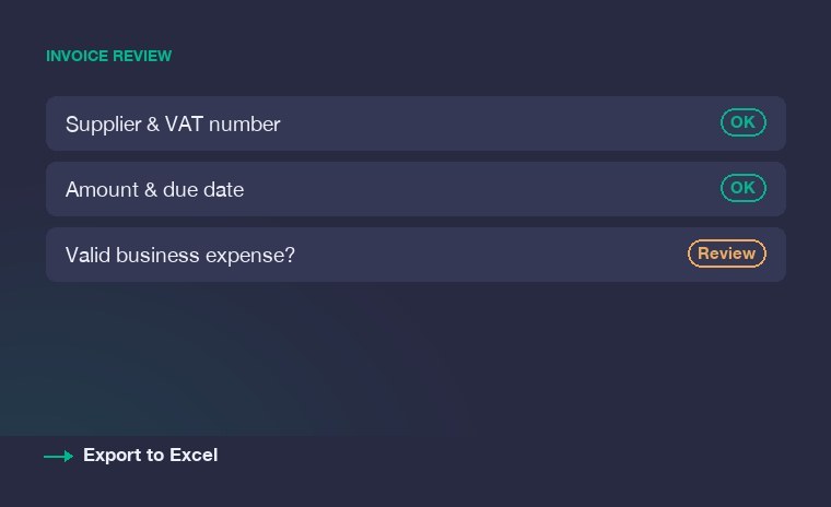 Invoice review checks for supplier, amount and expense validity, with export to Excel