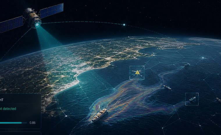 Satellite tracking a marine pollution plume along a coastline at night